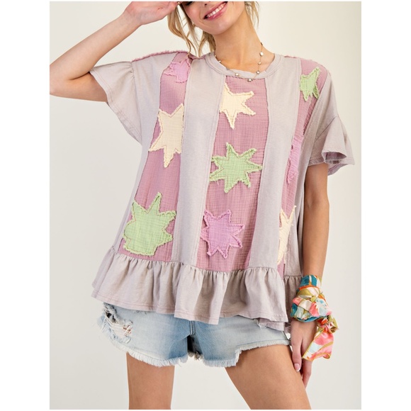 Easel Star Patch Ruffle Hem Short Sleeve Top - Picture 1 of 3